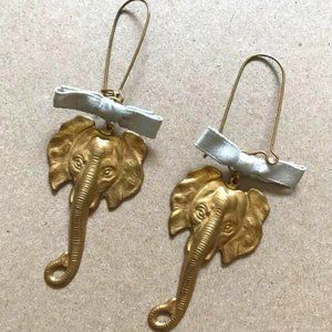 Elephant Brass Earrings, Dangly, Long, Blue Bow, Women's Large Earings